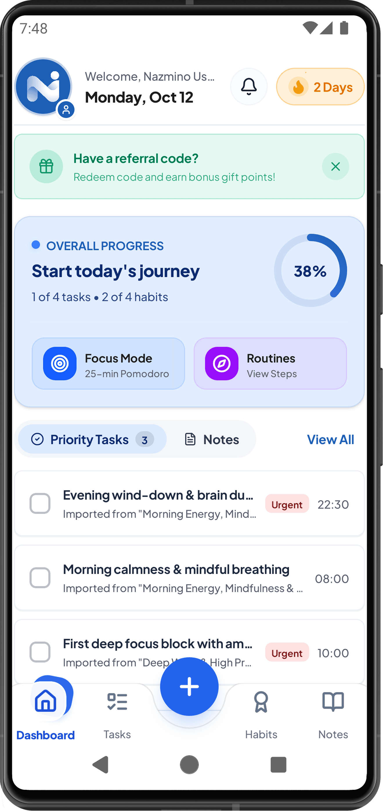 Nazmino’s English dashboard showing daily tasks, habits, and progress